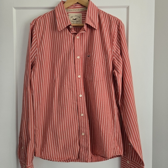 Hollister Cal. Men's Salmon Color 💯 Cotton Striped Button Up Long Sleeve Shirt - Picture 1 of 12